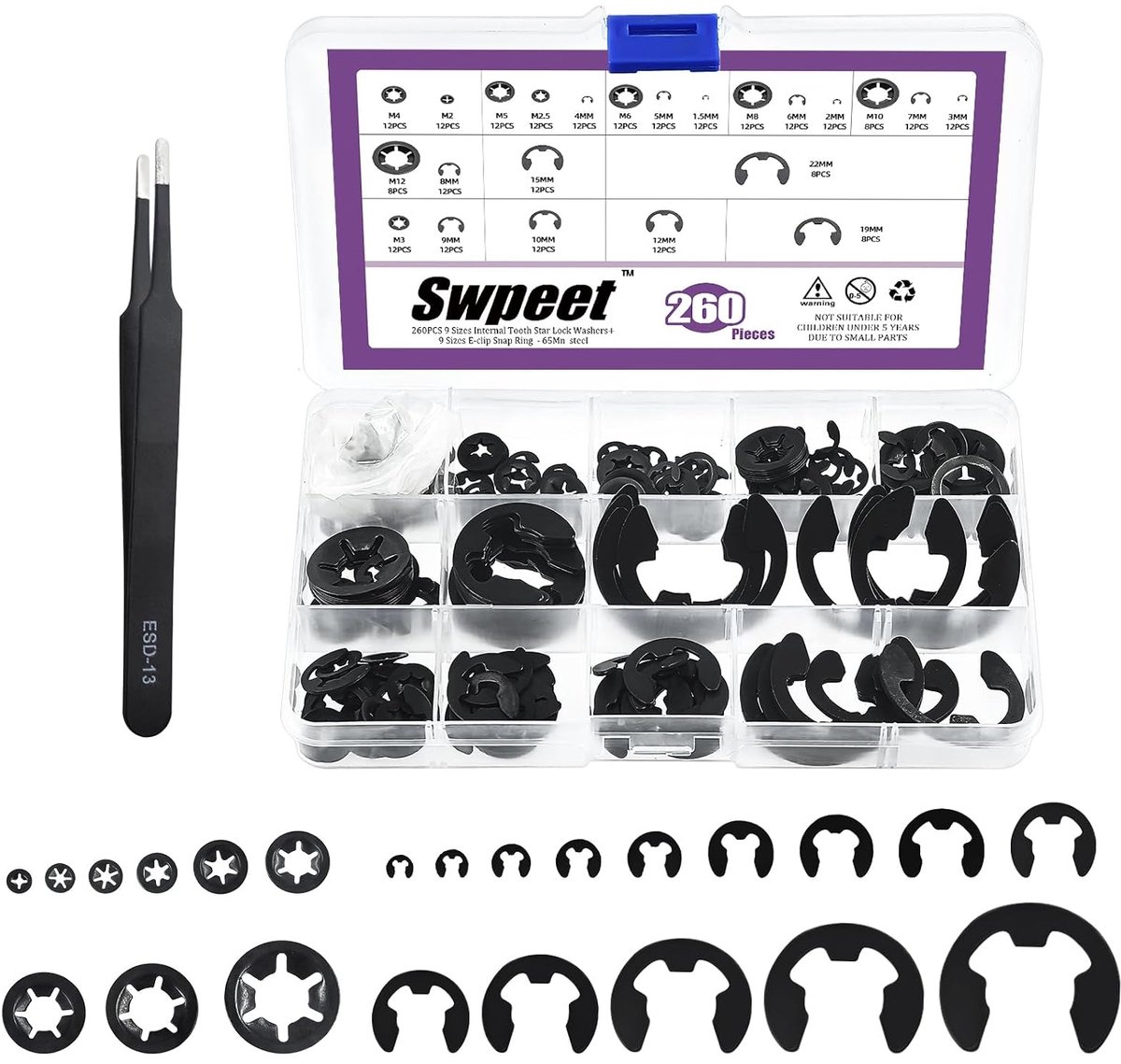 E-Clip en interne tandlock washers 260-delig - carbon staal - met pincet - voor duurzame bevestiging - ShopVlot