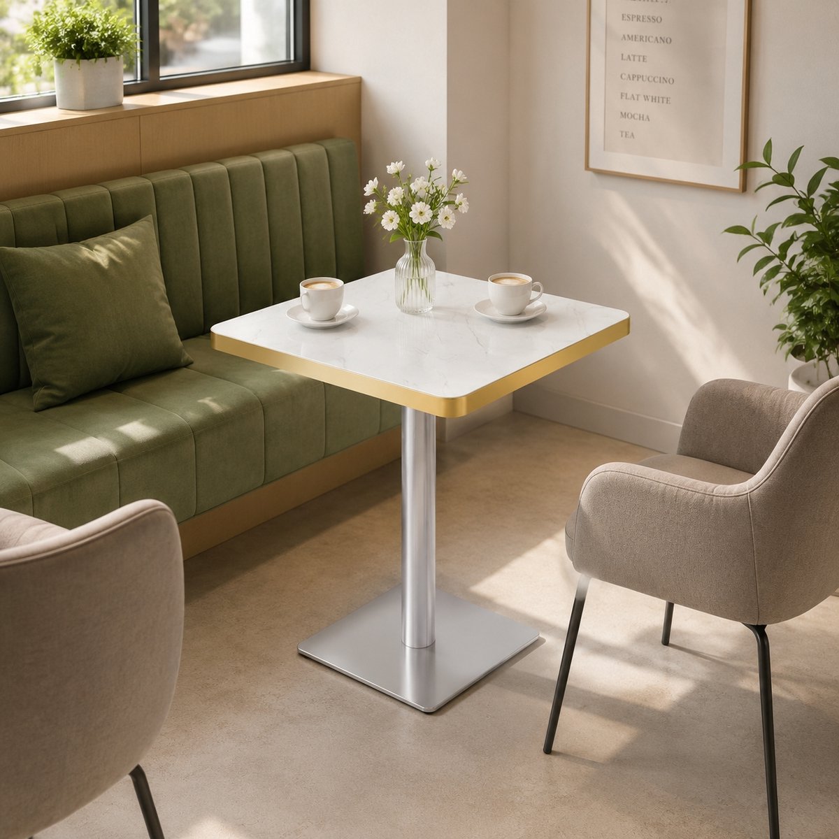 MODFU Tafel - Vierkante Eettafel - Marmerlook - Modern - Eetkamer - MDF Metaal - Wit - 60 X 60 Cm
