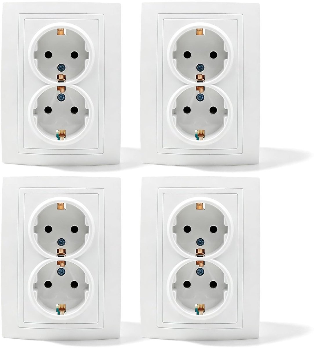 Dubbele inbouwstopcontacten set van 4 - Europese uitvoering - stralend wit - geschikt voor woonkamer en kantoor - ShopVlot