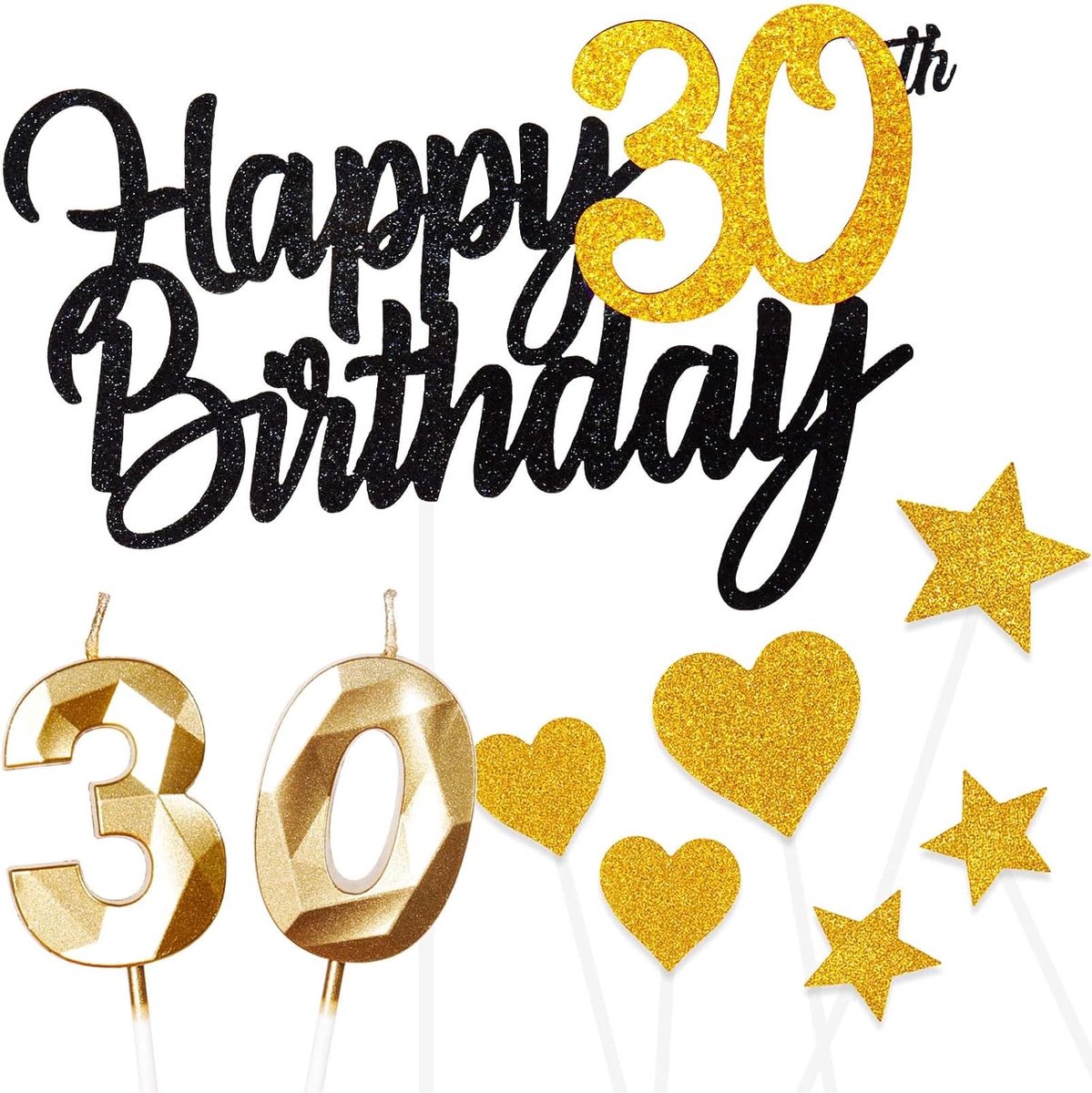 Verjaardagstaart topper 30 jaar - gepersonaliseerd zwart goud - met kaarsen en cupcake toppers - ShopVlot