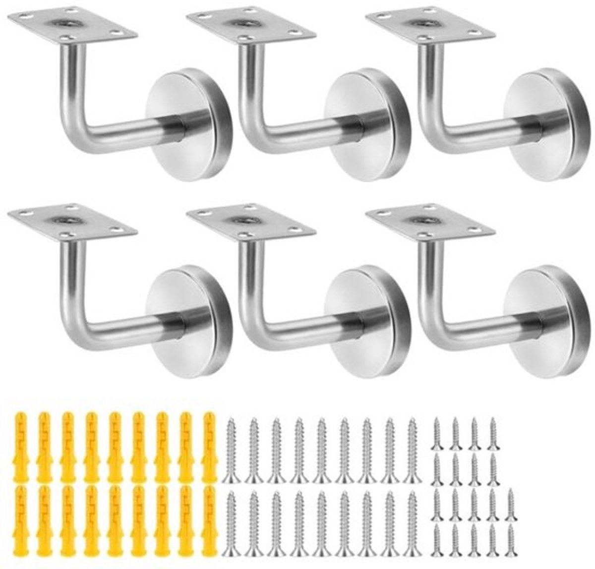 Leuninghouders van roestvrij staal- 60 x 60 mm - zilverkleurig - voor gangen, trappenhuizen en badkamers - 6 stuks