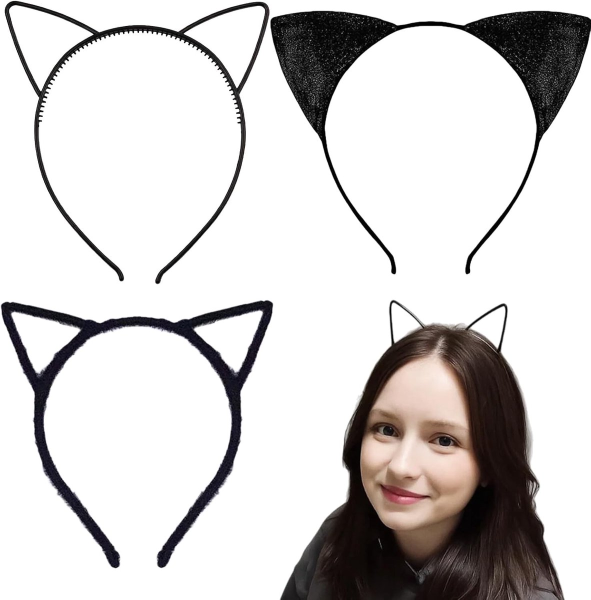 Set van 3 Haarbanden met Kattenoren voor Vrouwen - Ideaal voor Halloween Kostuum en Feestjes