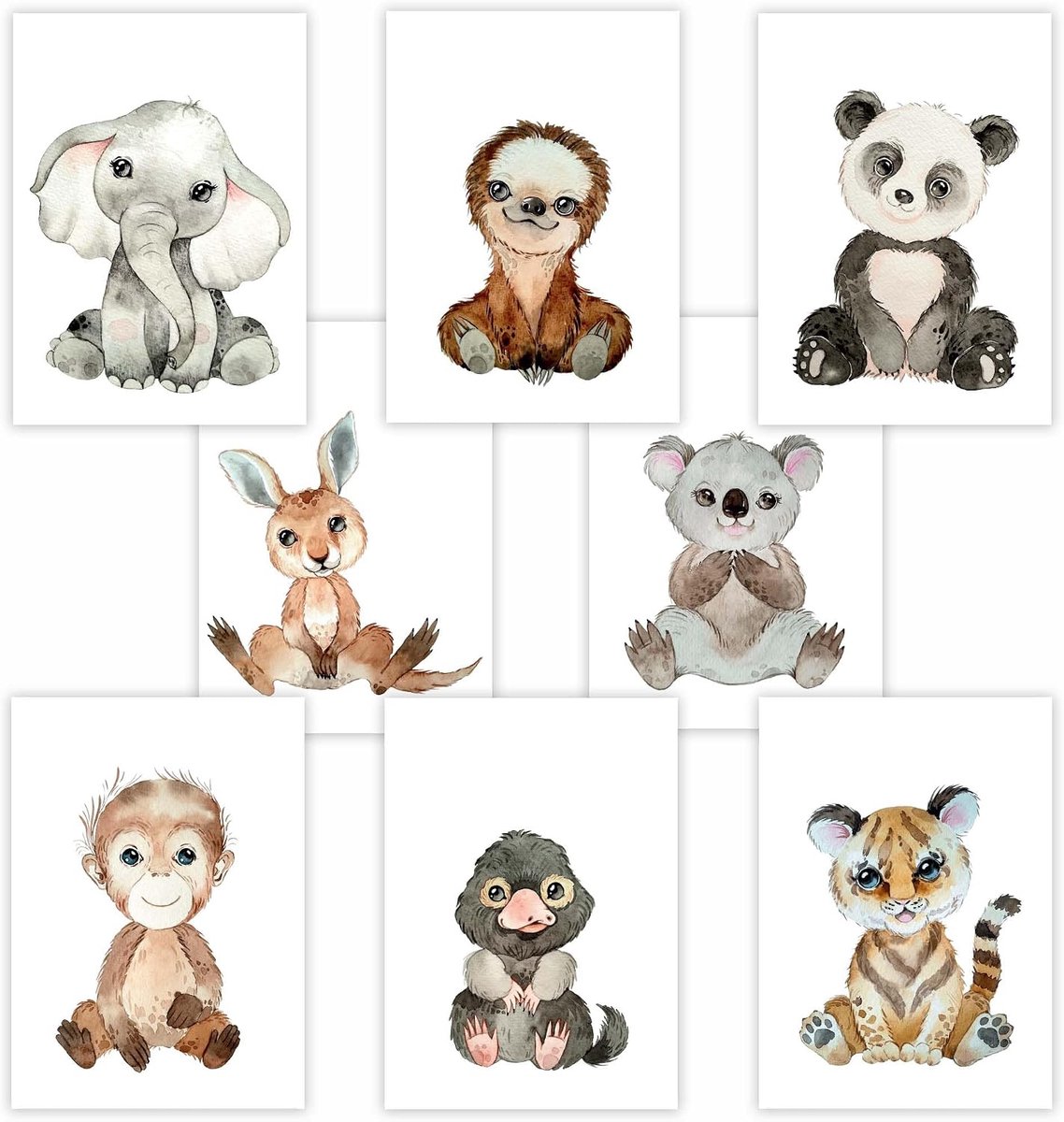 Poster set dieren voor kinderkamer - DIN A4 - 8 schattige illustraties - leuke decoratie voor baby's kamer - ShopVlot