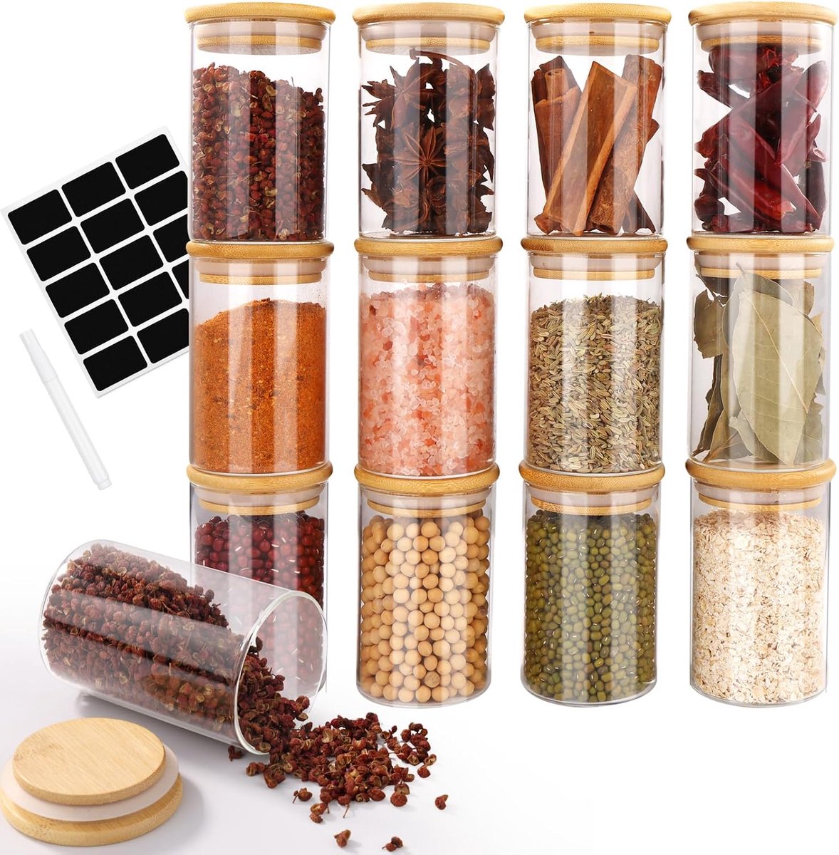 Kruidenpotten 12 x 300 ml - ronde glazen potten - bamboe deksel - ideaal voor kruidenopslag - ShopVlot