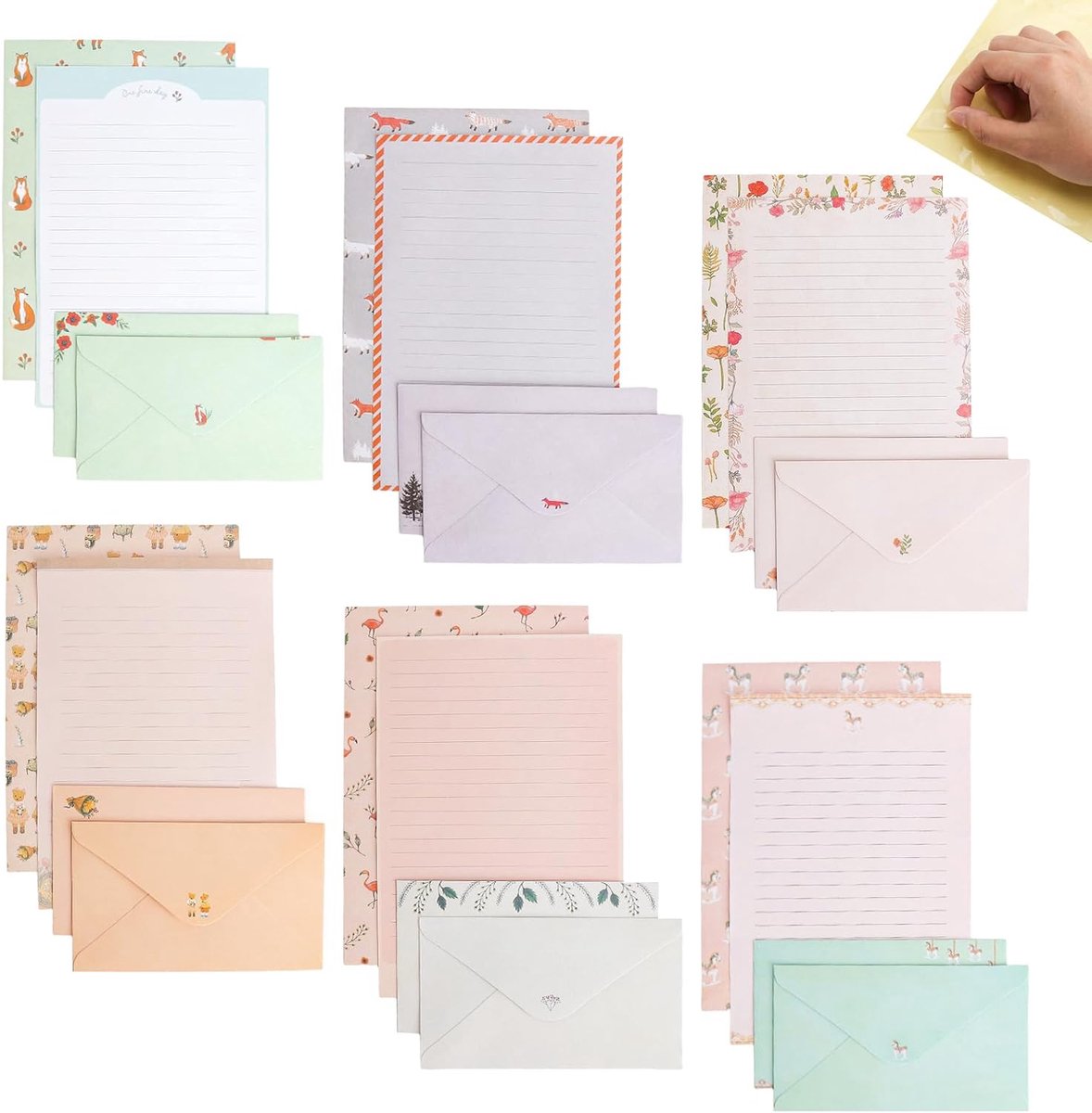 Briefpapierset A5 gestreept - 6 designs met enveloppen - transparante stickers - ideaal voor uitnodigingen - ShopVlot