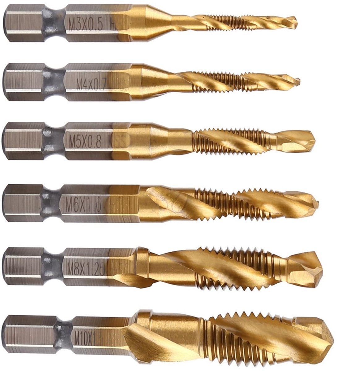 Set van 6 draadboren M3-M10 - HSS gecoat - 1/4 inch taps - Voor efficiënt boren en tappen - ShopVlot