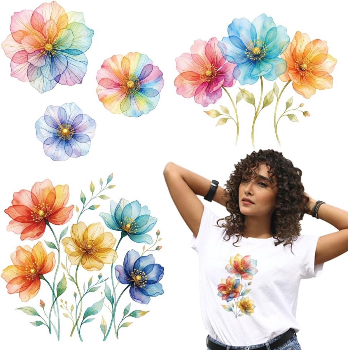 warmteoverdracht stickers 4 stuks - etherische bloemen - waterdicht - perfect voor T-shirts - ShopVlot