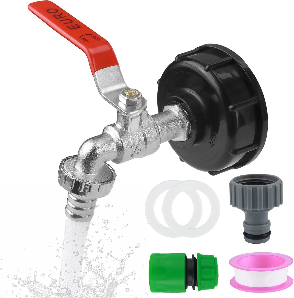 IBC afvoer kraan 1/2 inch - zinklegering - met adapter en accessoires - ideaal voor regenwateropvang - ShopVlot