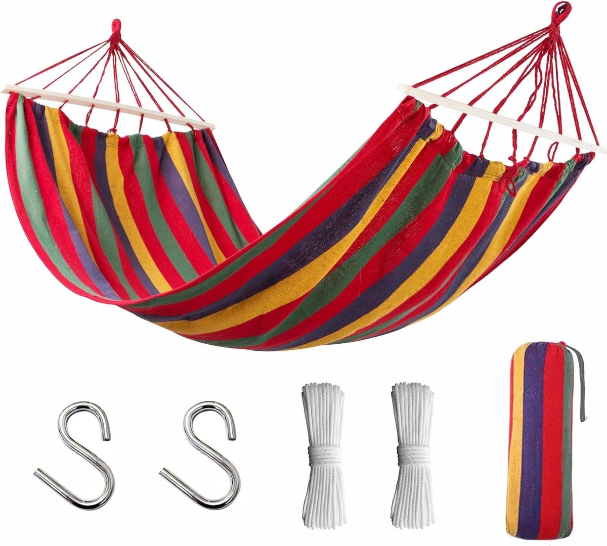Hangmat XXL voor Buiten - 200 x 150 cm - Met Gebogen Houten Stang en Bevestigingsriemen - Voor 2 Personen
