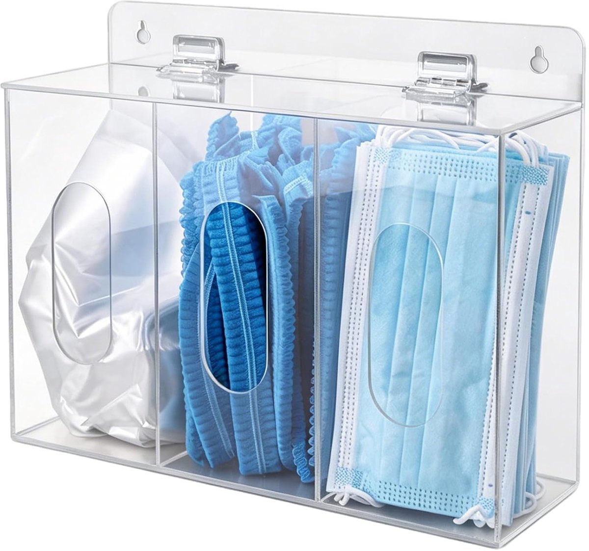 Dispenser voor gezichtsmaskers - 3 vakken - acryl - wandmontage voor eenvoudige toegang - ShopVlot