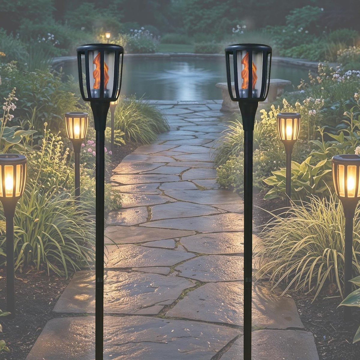 Flame Led-solarspies - Matzwart - 148,7 cm - Realistische Vlamlamp op Zonne-energie - Voor Buitenverlichting en Tuindecoratie
