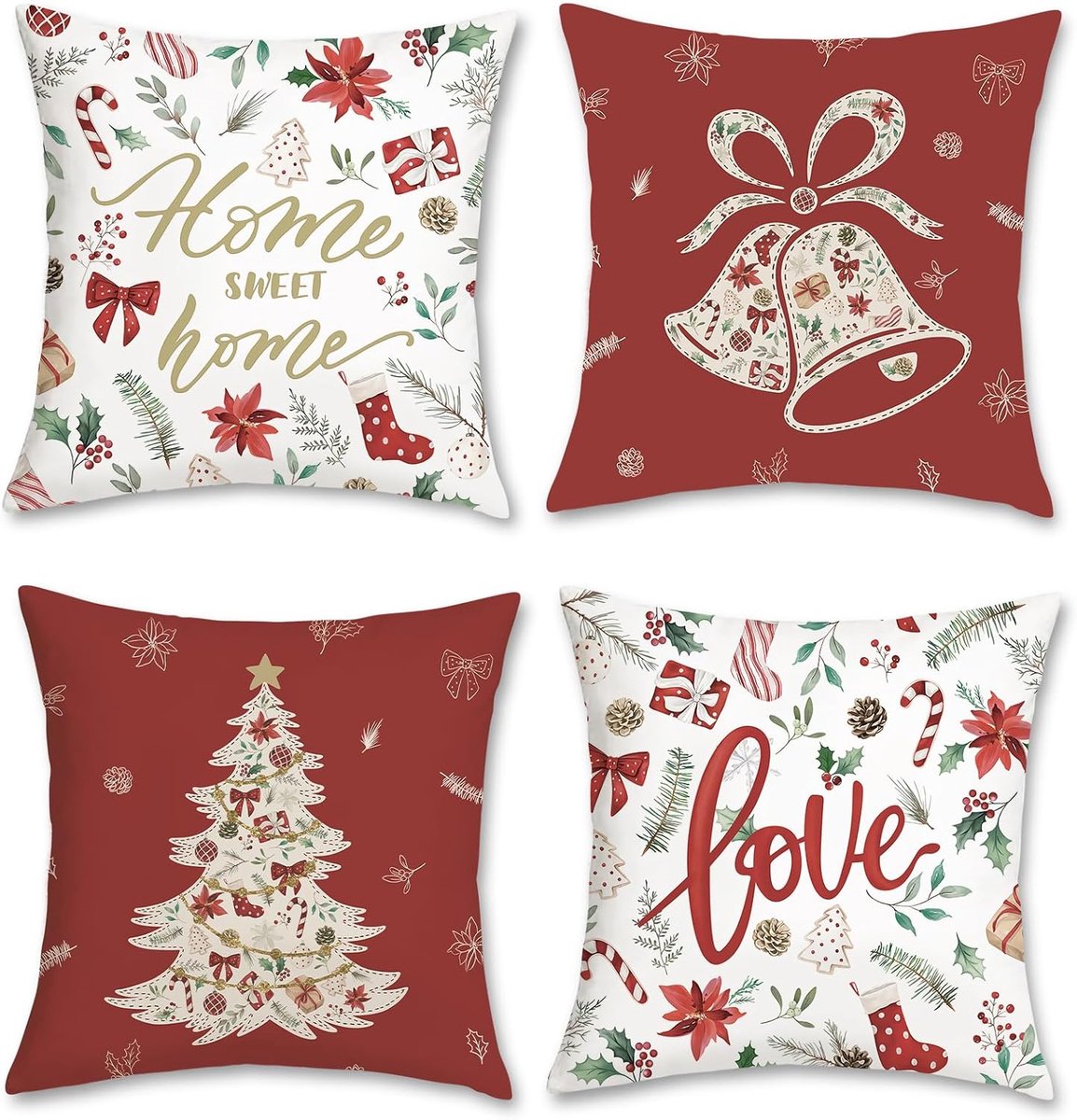 Kussenhoezen 45 x 45 cm - Kerstmis Rood - Decoratief met Kerstboom, Klokken en Bloemen - Voor Sofa en Bed - ShopVlot