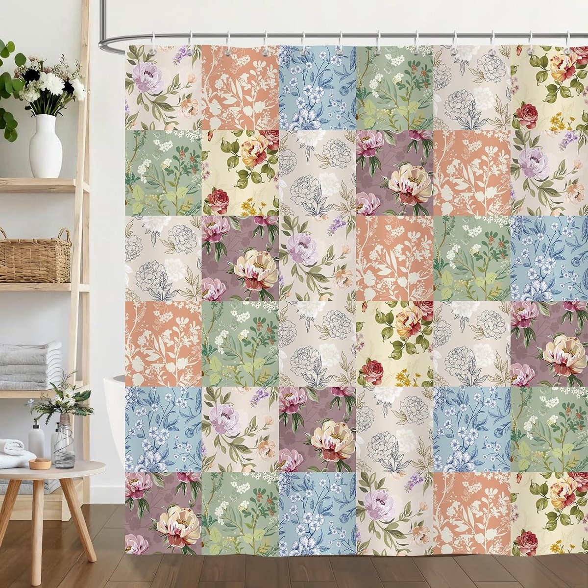 Douchegordijn 182 x 183cm - Waterdicht polyester - Vintage patchwork bloemen - Voeg charme toe aan je badkamer - ShopVlot