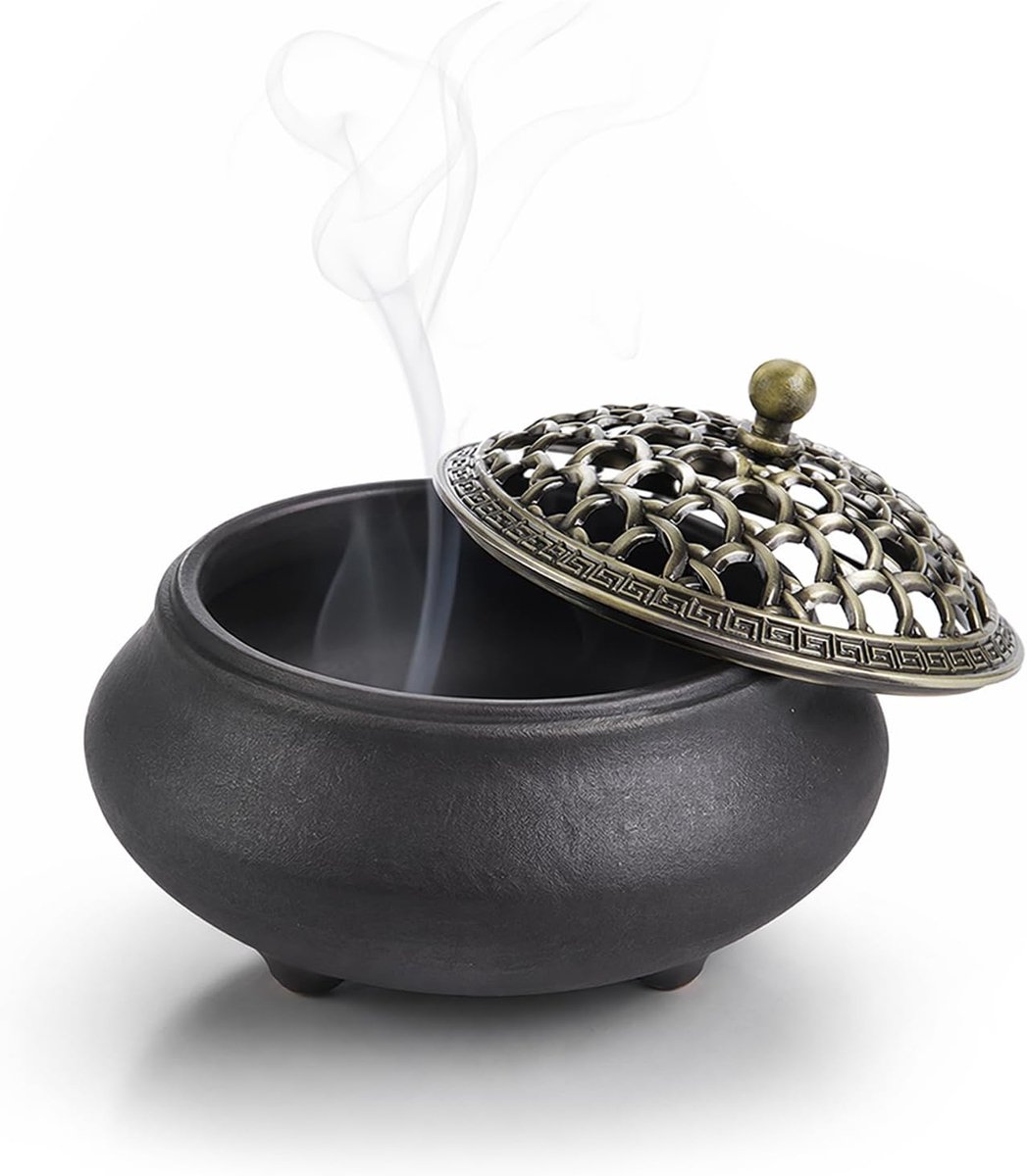 Wierookbrander rond - vintage Chinees porselein - met metalen deksel - ideaal voor meditatieruimte - ShopVlot