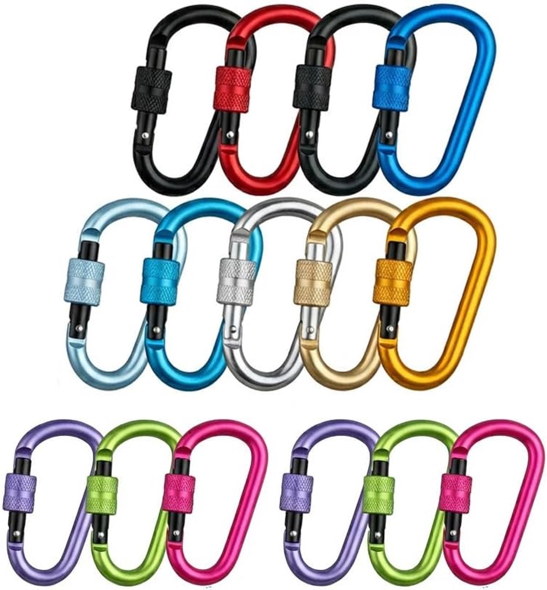 Karabijnhaken set van 8 - gekleurde aluminium clips - lichtgewicht - ideaal voor outdoor gebruik - ShopVlot