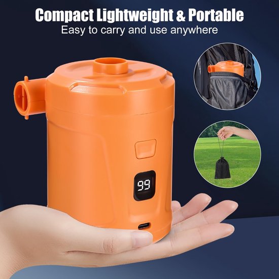 Luchtpomp-Luchtcompressor - Elektrische luchtpomp - Zwembadpomp-Draagbaar- 5200 mAh - - 400 l/min-Oplaadbare accu - Met 3 luchtsproeiers - Snelpomp voor boot/luchtbed - oranje van Merkloos — afbeelding 2