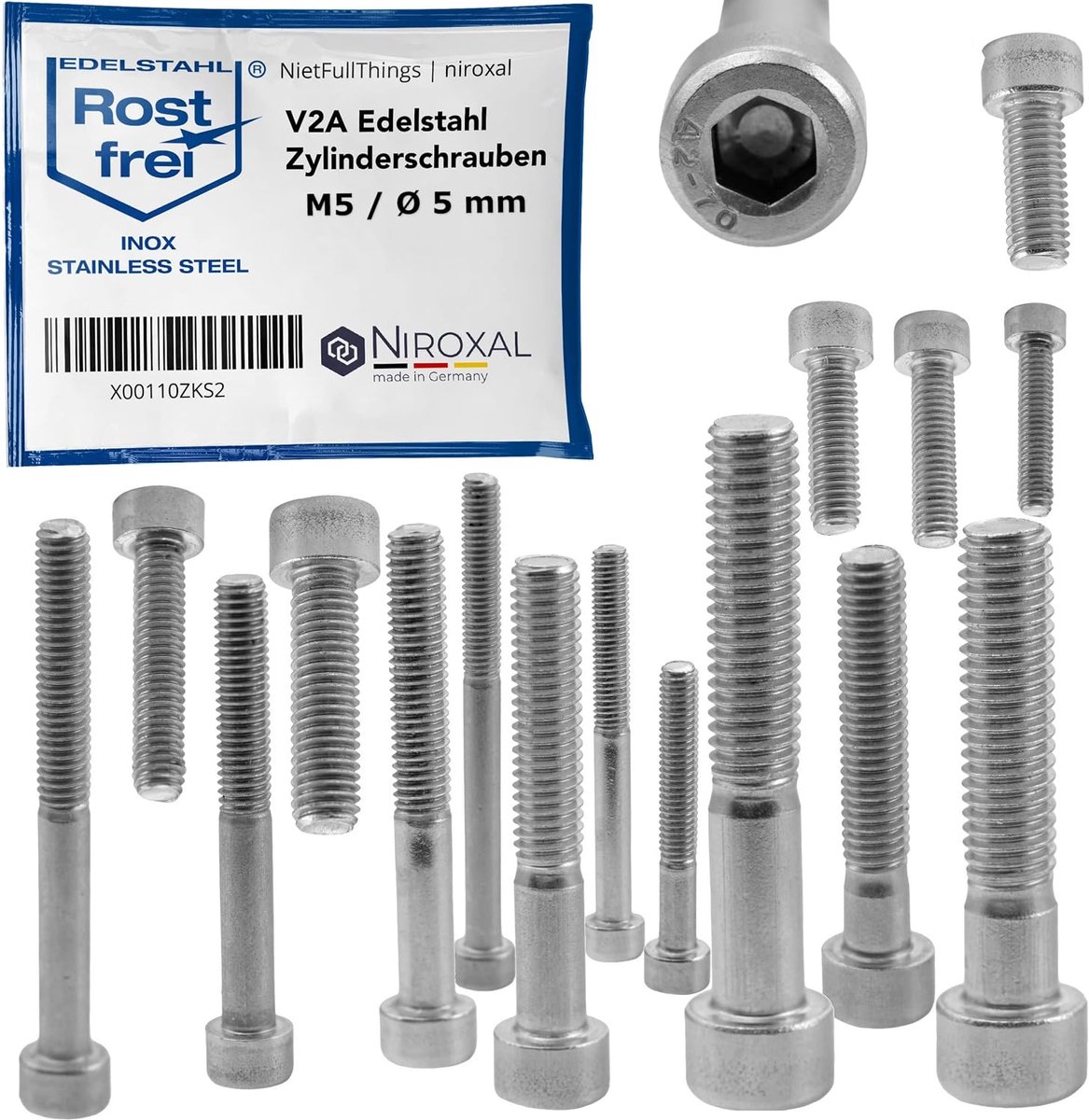 Zeskantige schroef M5 x 70 - V2A roestvrij staal - 22 mm deel draad - Geschikt voor stevige verbindingen - ShopVlot
