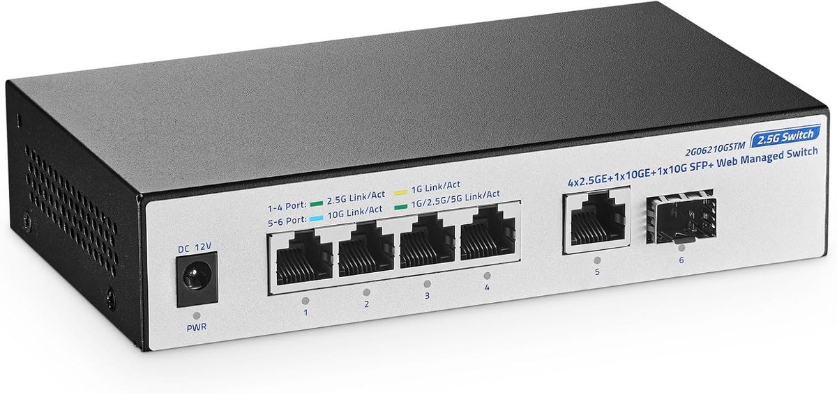 Web Managed Switch 10G - 4x2.5G RJ45 + 10G RJ45 + 10G SFP - Fanless Metaal - Ideaal voor Gaming en 8K Streaming - ShopVlot