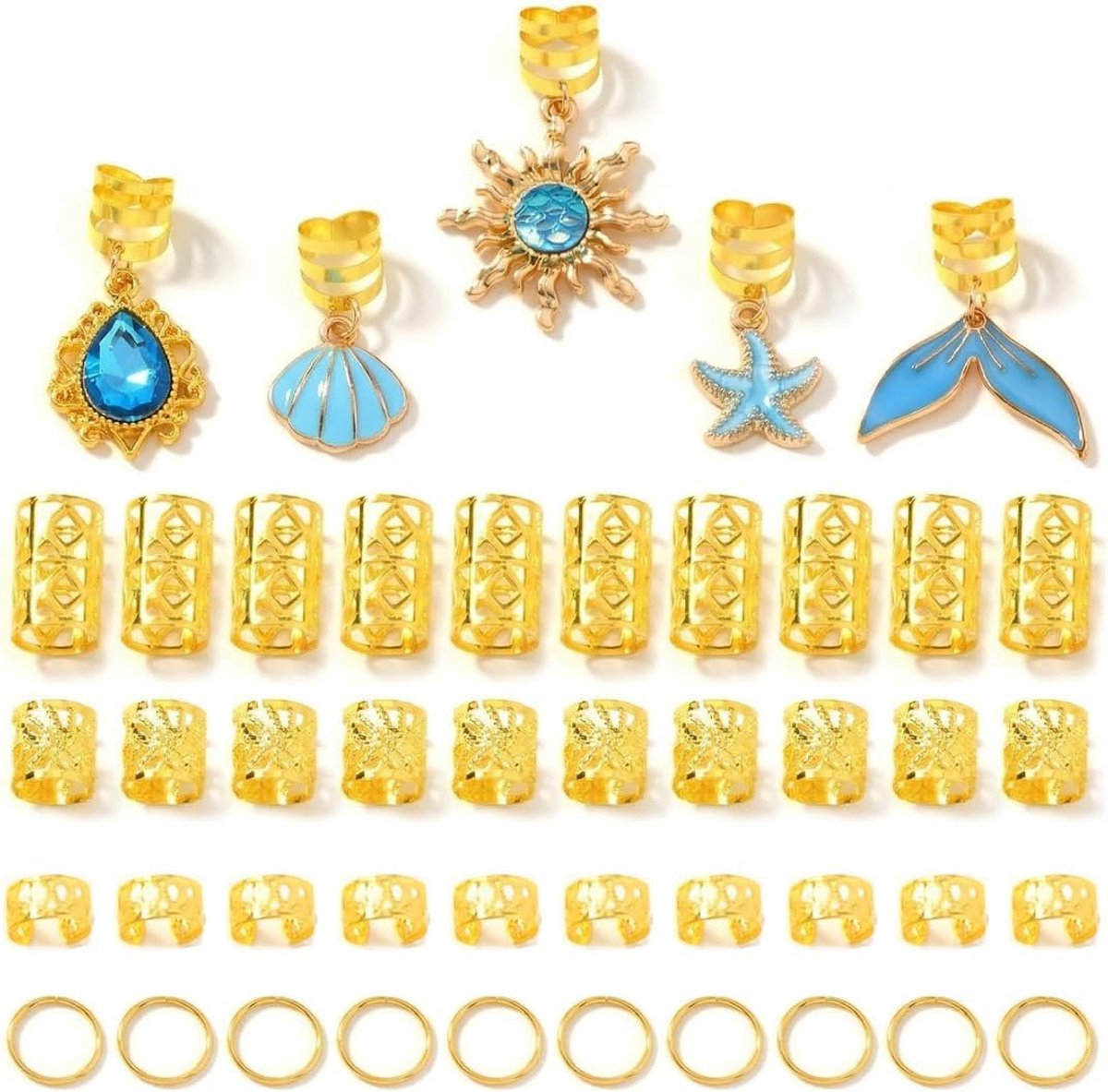 Haaraccessoires set van 45 - Gouden ringen en retropatronen - Creatief voor vlechten en dreadlocks - ShopVlot