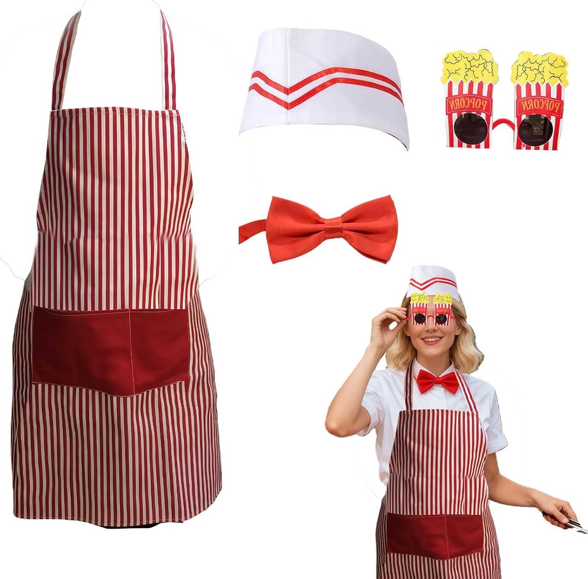 Keuken Schort Set voor Vrouwen - Rood en Wit Gestreept - Verstelbare Strik en Popcorn Bril - Perfect voor Feestjes - ShopVlot