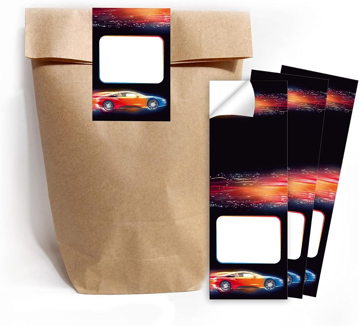 Cadeauzakjes 12 stuks - Natuur papier - Inclusief 12 stickers raceauto - Perfect voor kinderfeestjes - ShopVlot