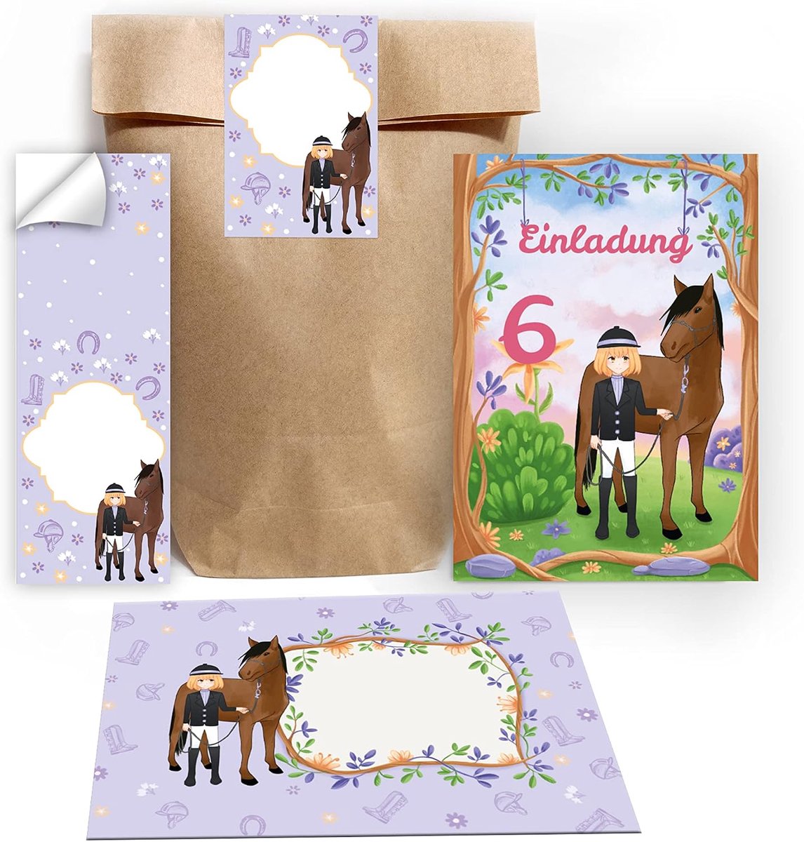 Uitnodigingskaarten meisje met paard - 12 stuks - inclusief enveloppen en stickers - perfect voor 6e verjaardag - ShopVlot
