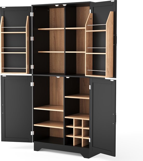 Zwarte keukenkast met open deuren, met houten planken en wijnrek.