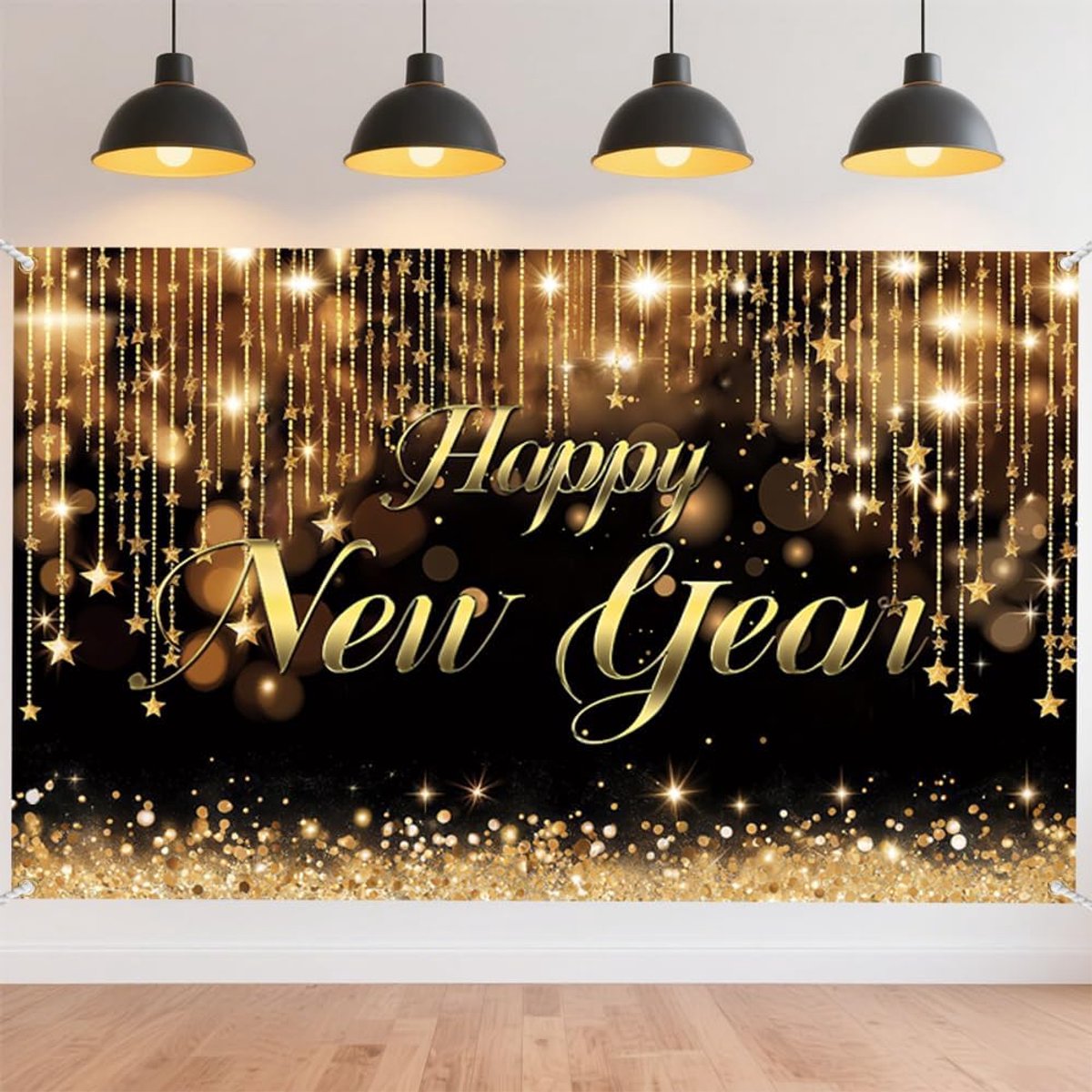 Happy New Year Banner 183 x 111 cm - Gouden achtergrond - Sterren en glitters - Creëer een feestelijke sfeer - ShopVlot