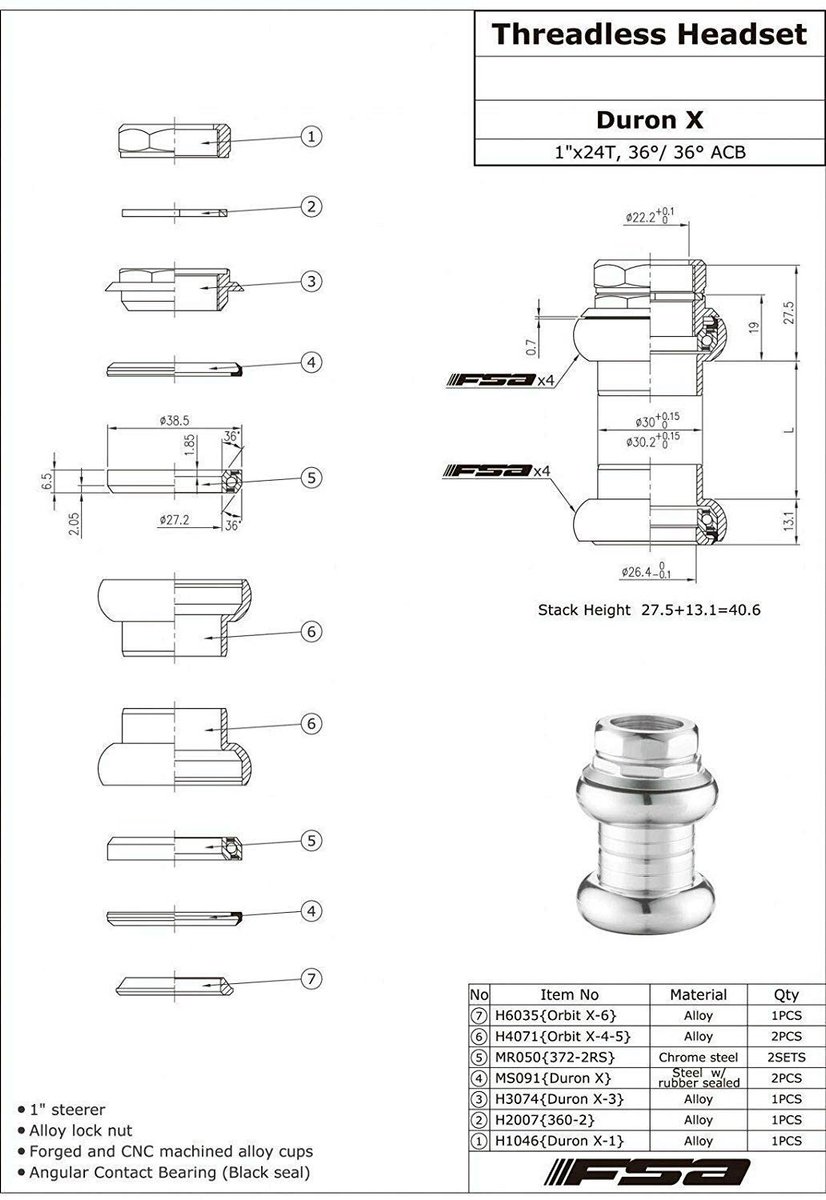 FSA Duron X 1Inches Threaded Headset 22.4/26.4mm Sealed bearings, Silver, XTE1713 - ShopVlot