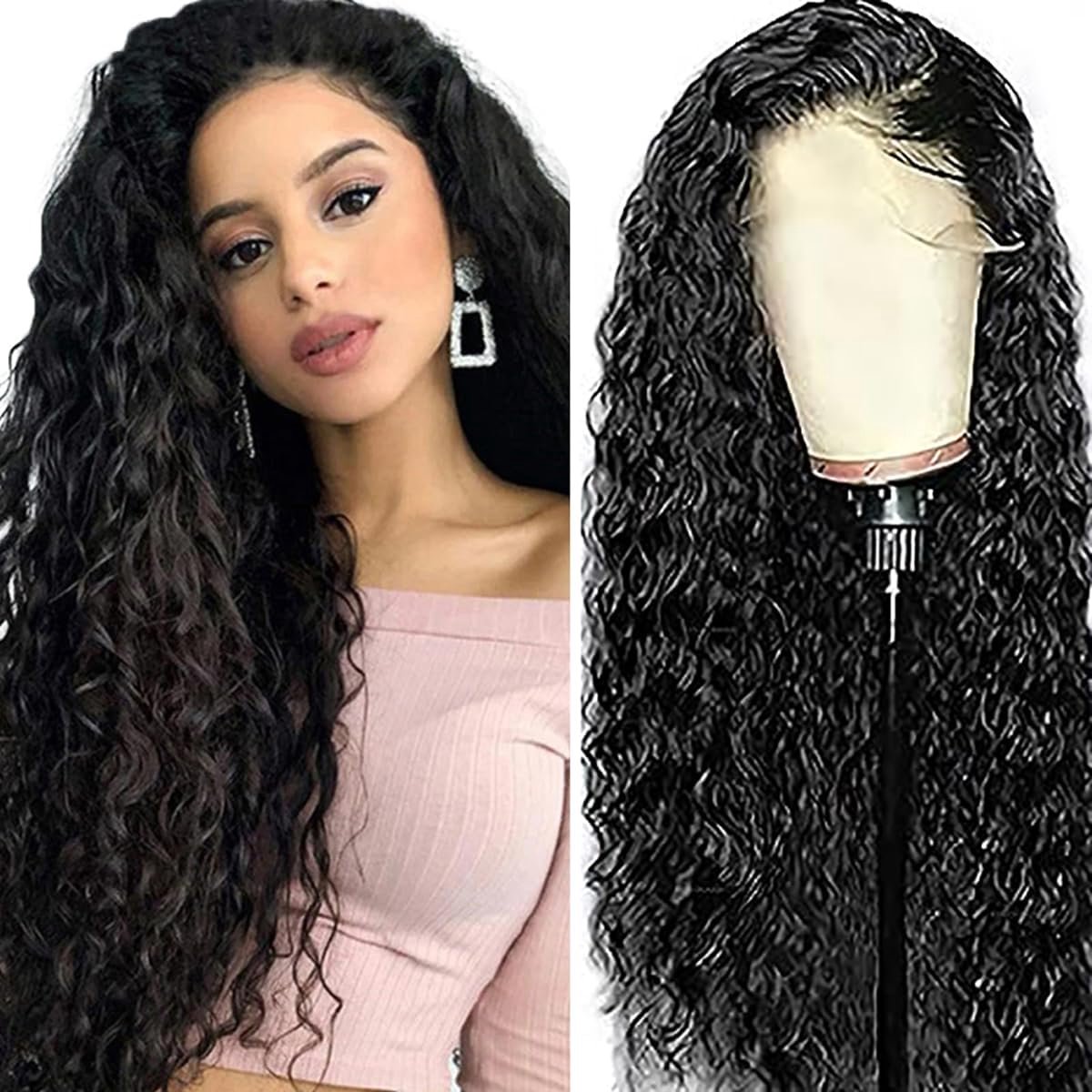 28 Inch Hair Perücke 1B Natural Black 4x4 Swiss Spitze Water Wave Lace Frontal Human Hair Wig Damen Perücken - ShopVlot