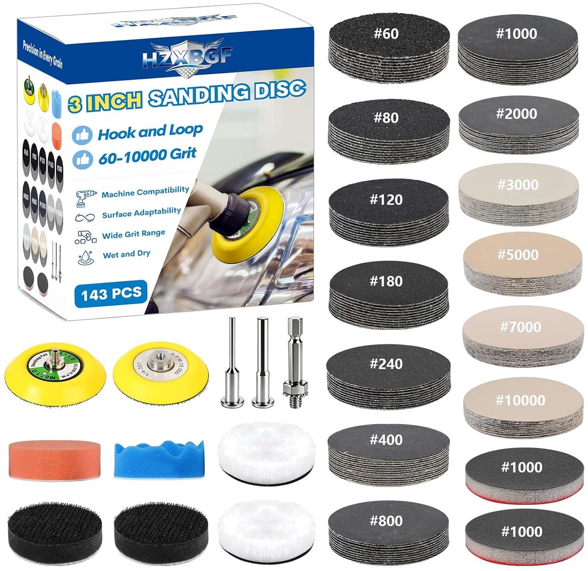143pcs 75mm Cordless Screwdriver Polishing Set, 60-10000 Grit Wet Dry Sanding Discs with Polishing Pad for Automotive - ShopVlot