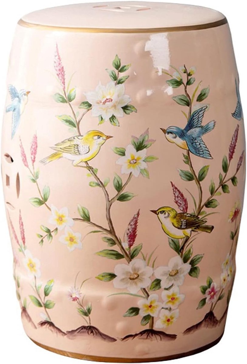 Pink Flower and Bird Ceramic Drum Stool, Garden Decoration Stool, Household Stool, Portable Table, Living Room - ShopVlot