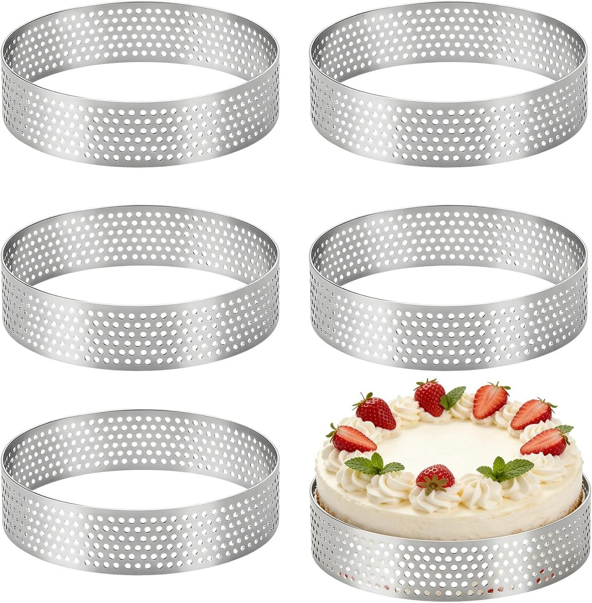 6 taartringen, 8 cm, geperforeerde taartvormen, taartringen van roestvrij staal 430, vormen voor crumpet cake, gebak - ShopVlot
