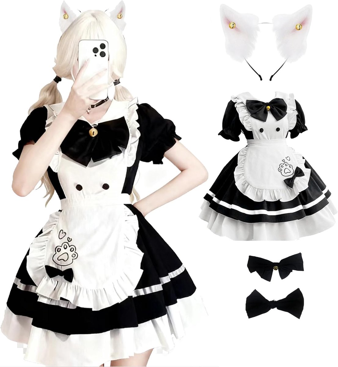 Meisjesjurk - French Maid outfit - zwart-wit maid-kostuum met strikken en haarband - schattige katten - dienstmeisjeskostuum - jurk voor Halloween - carnaval - rollenspel (XL)