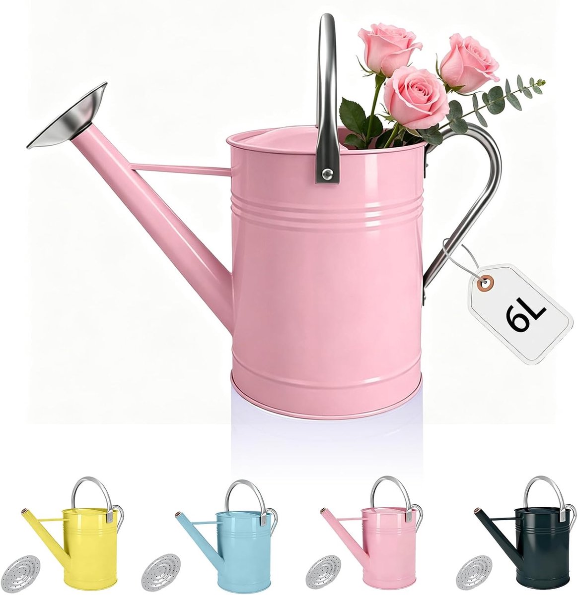 1,7 gallon roze decoratieve landelijke stijl waterkan met verwijderbare tuit, gegalvaniseerde gieter voor buiten - ShopVlot