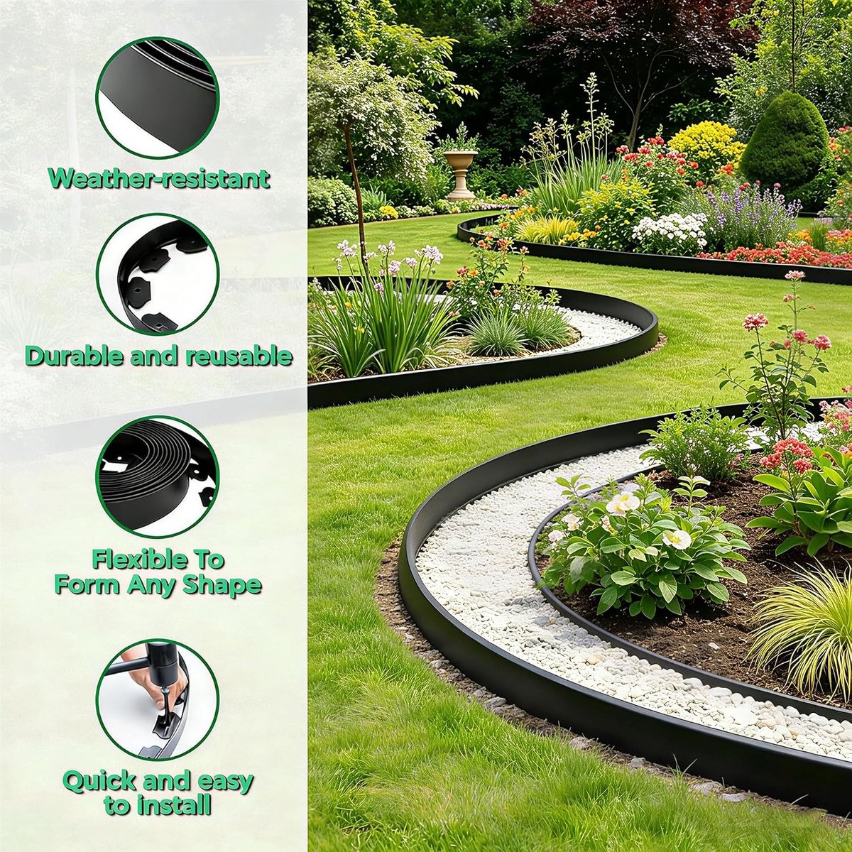 Flexible Plastic Lawn Edging, 10 m with 50 Ground Anchors, Invisible Bed Border, Flower Bed Border, 50 mm, Black - ShopVlot