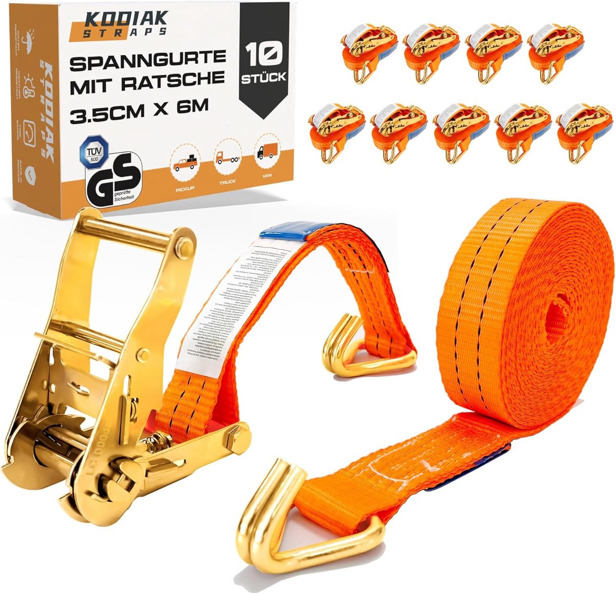 Pack of 10 6 m x 2000 kg with ratchet and hooks, 35 mm lashing straps with ratchet, orange ratchet strap for securing - ShopVlot