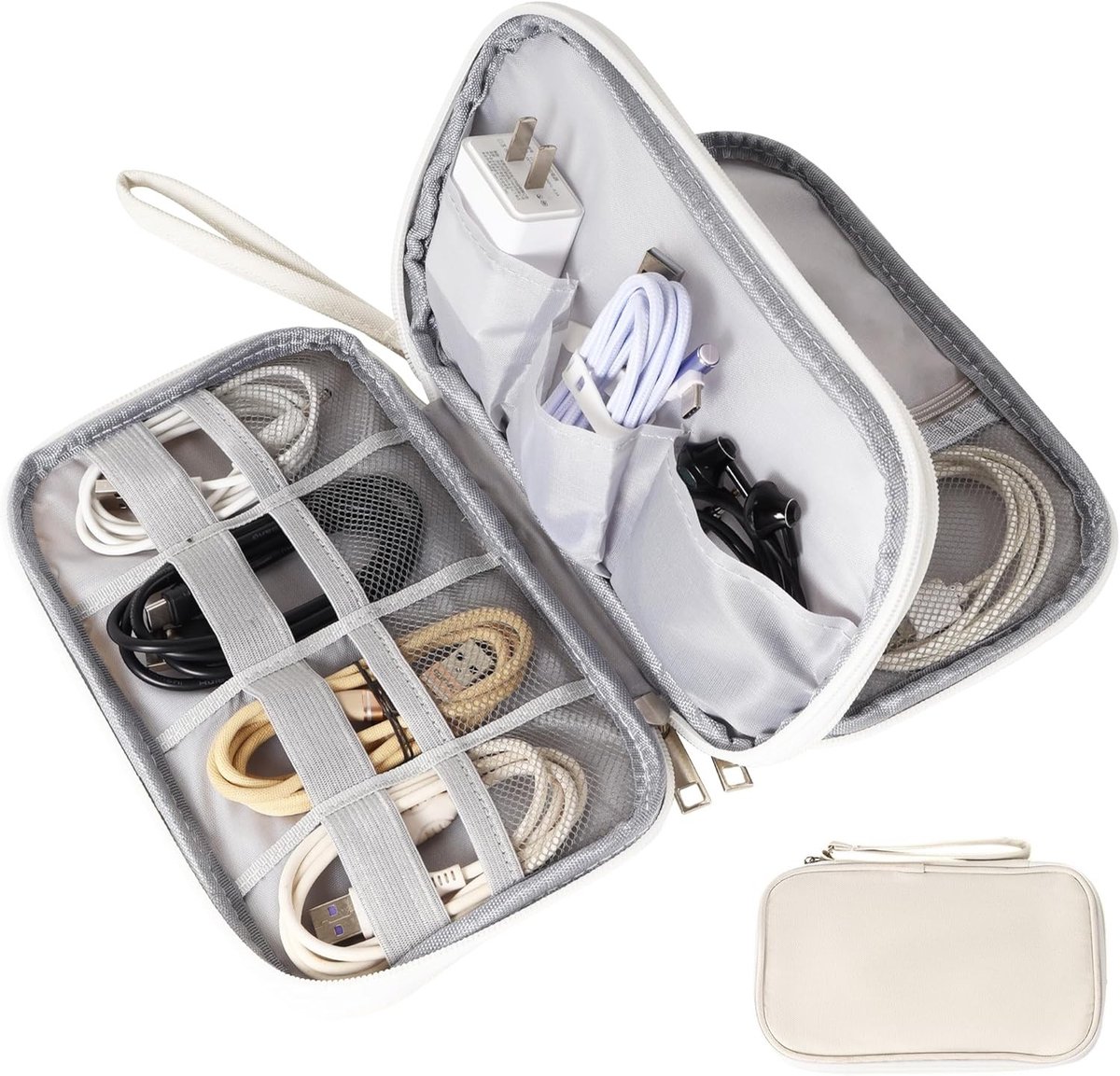 Datakabel Organizer Tas - Beige - 21 x 12,5 x 5,5 cm - Dubbellaags Waterdichte Reistas - Voor Datakabels en Elektronische Accessoires
