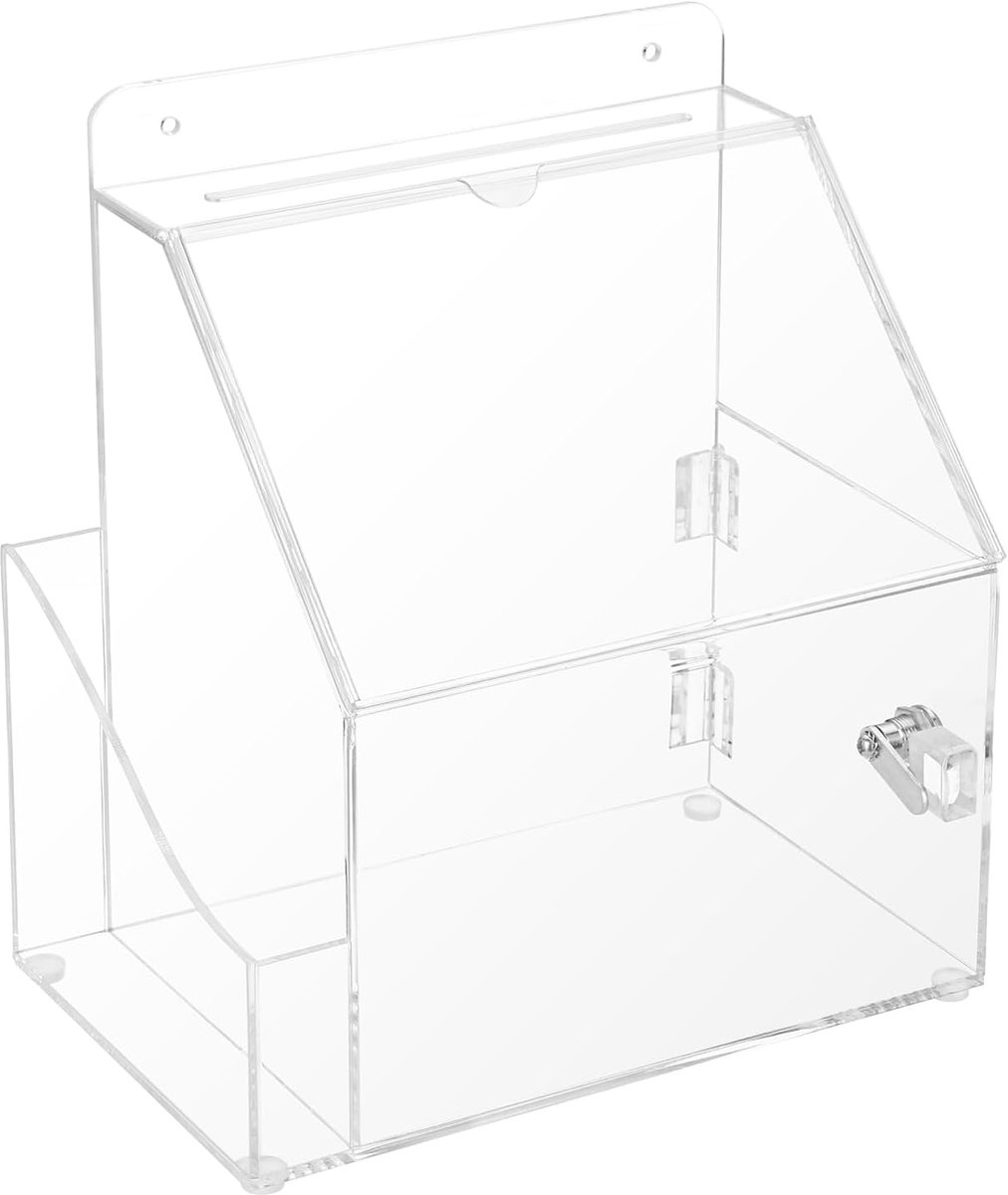 Suggestion box, acrylic, transparent, 15.8 x 17.8 cm, with shield and lock - ShopVlot