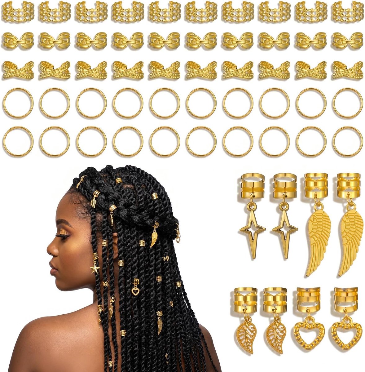 Gouden haaraccessoires 58 stuks - verstelbare manchetten en ringen - meerdere stijlen - voor unieke vlechten - ShopVlot