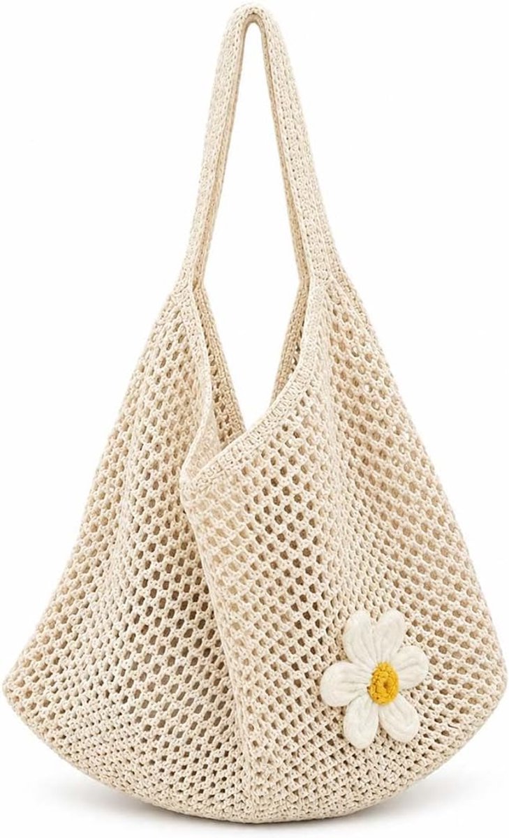 Gebreide tas - beige - bloemenpatroon - perfecte strandtas voor dames - ShopVlot