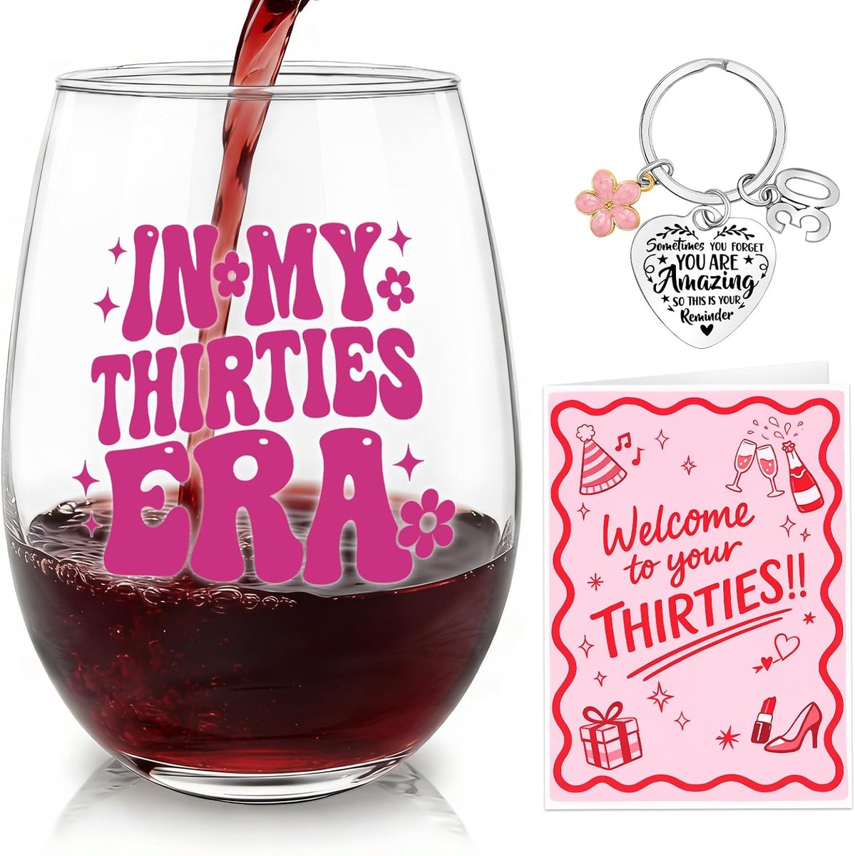 Stemless glas set 30e verjaardag - met sleutelhanger en verjaardagskaart - perfect cadeau voor haar - ShopVlot