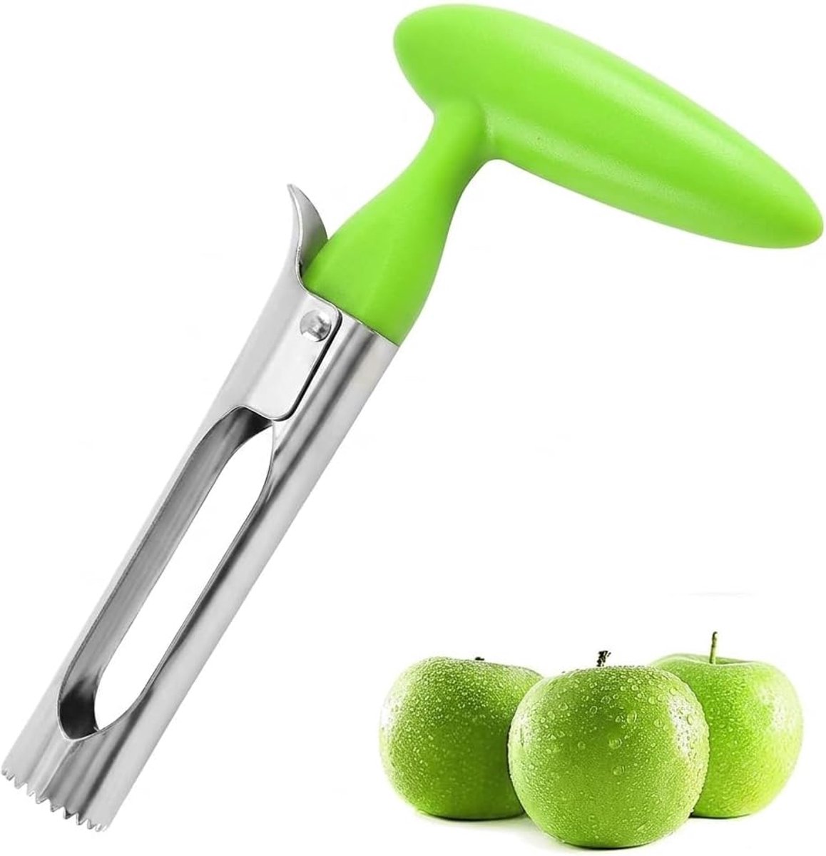 Appelontpitter roestvrij staal - groen handvat - gekarteld lemmet - eenvoudig ontpitten - ShopVlot