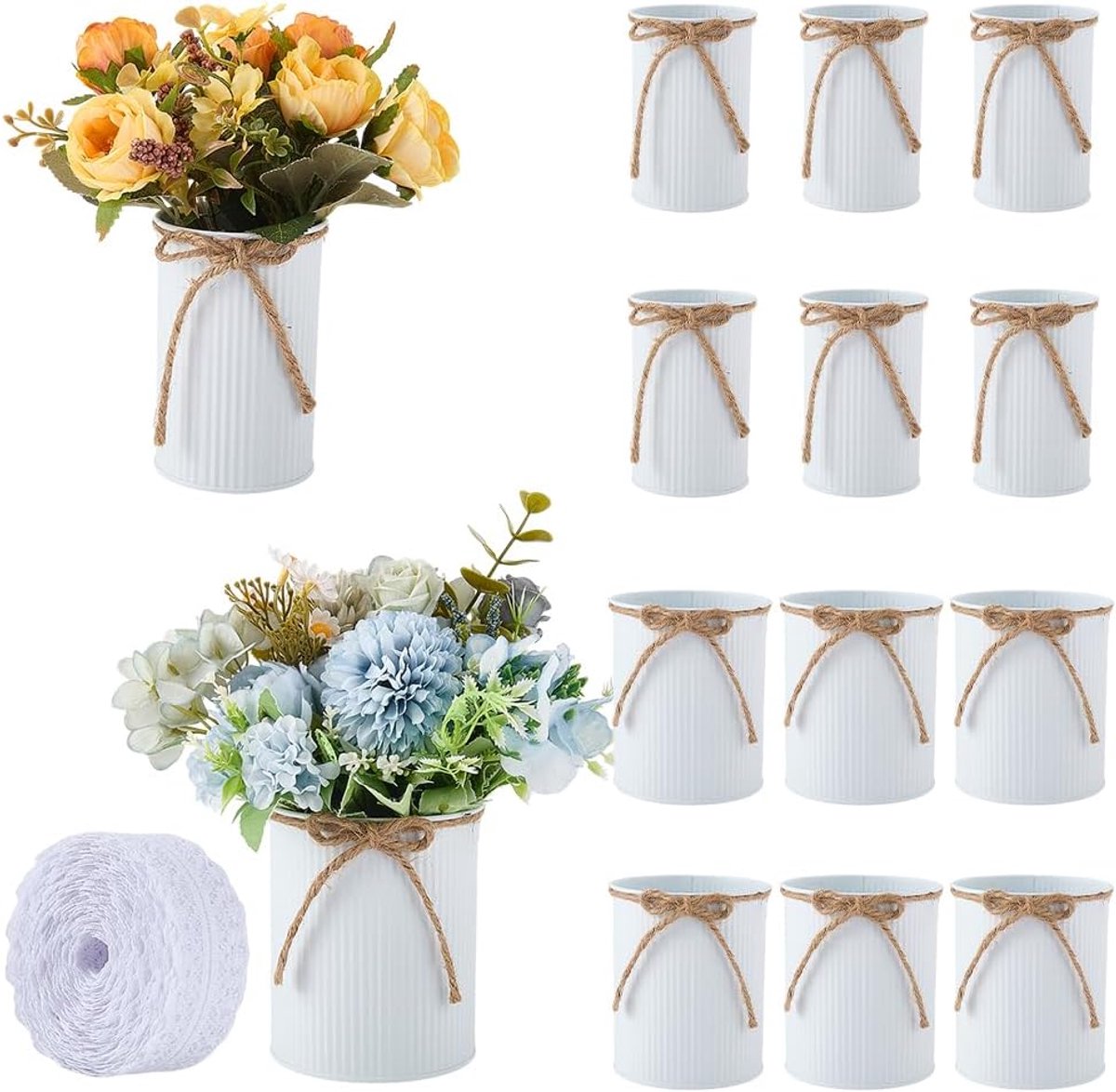 Bloempotten met Jute Touw en 10 m Kant - Set van 13 - Vintage Stijl voor Kunstbloemen - Decoratieve Vazen - ShopVlot