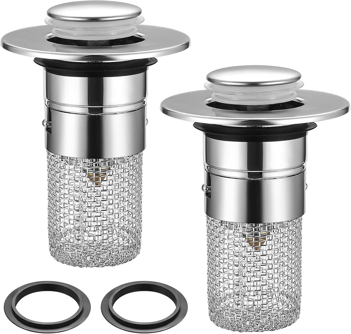 Wastafestoppers set van 2 - RVS met haarfilter - Universele push-up afvoerplug - Eenvoudige installatie - ShopVlot