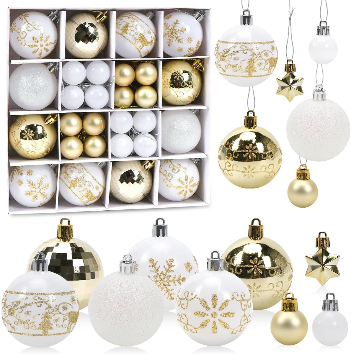 Kerstballen set 44 stuks wit goud - kunststof - groot en klein - sfeervolle kerstdecoratie - ShopVlot