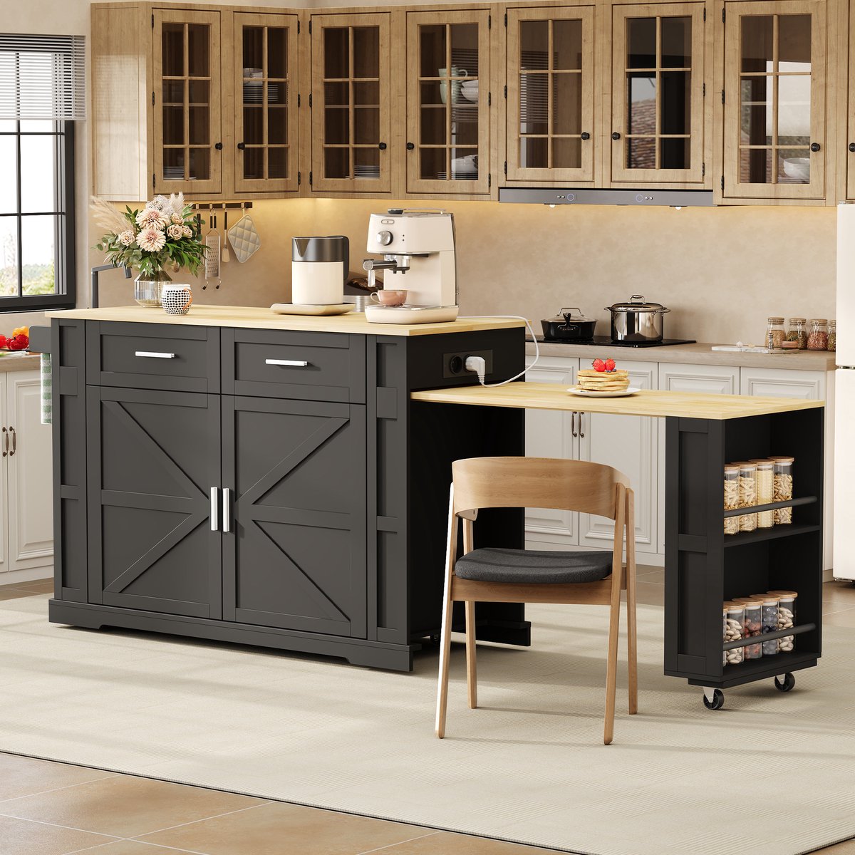 OKWISH Keukeneiland - Uitschuifbaar Werkblad En Stopcontacten - Voor Keuken En Eethoek - MDF Zwart Met Eikenkleur - 205x50x93 cm