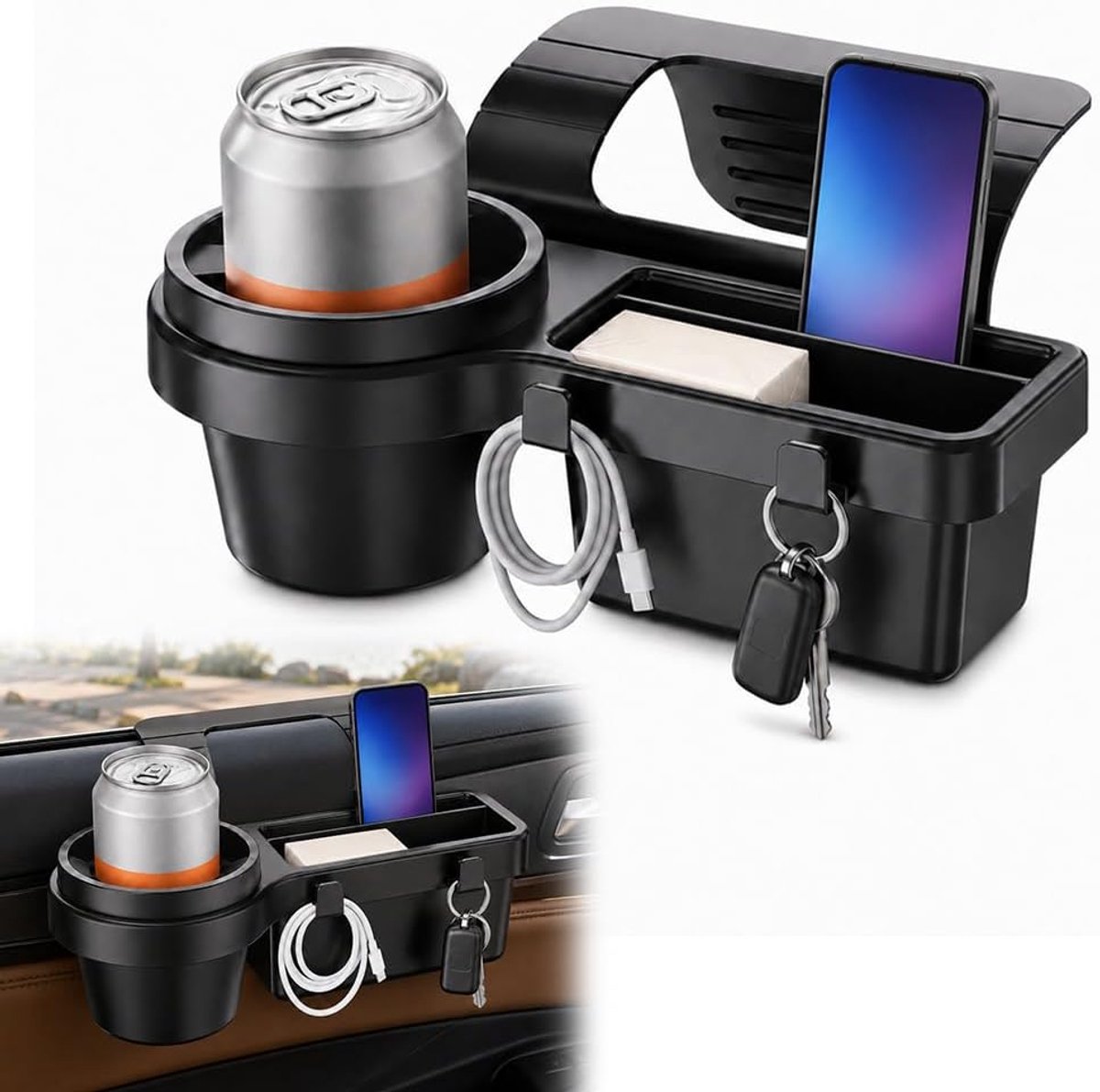 Bekerhouder voor de auto - multifunctionele bekerhouder - telefoonhouder en haak - ideaal voor orde in je voertuig - ShopVlot