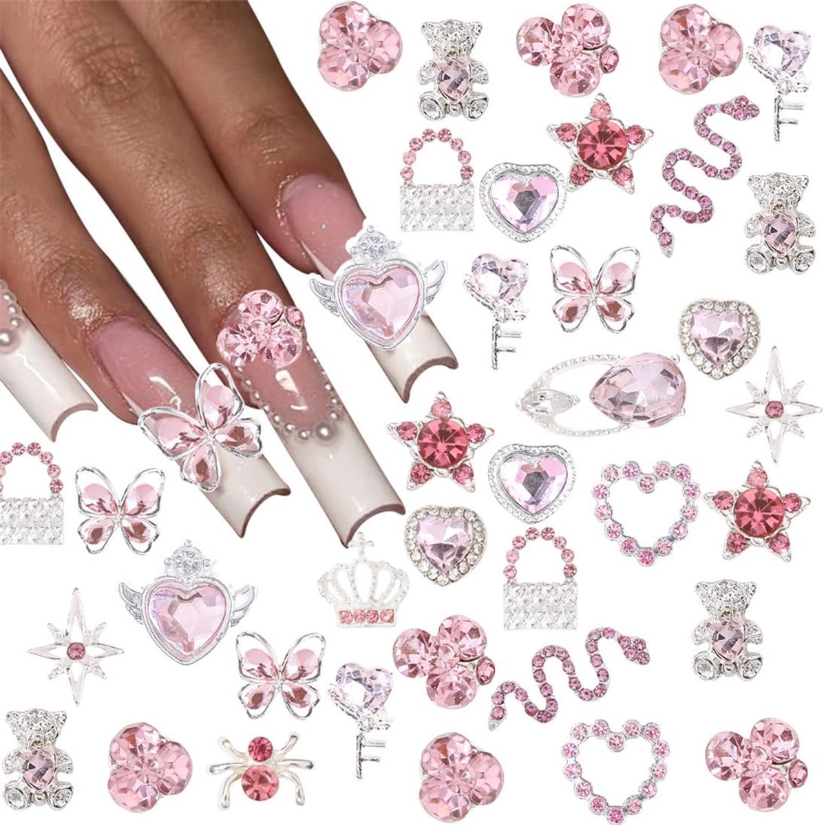 Nail decoration 32 stuks - zilveren versieringen - hartjes, planeten en vlinders - perfect voor nagelkunst - ShopVlot