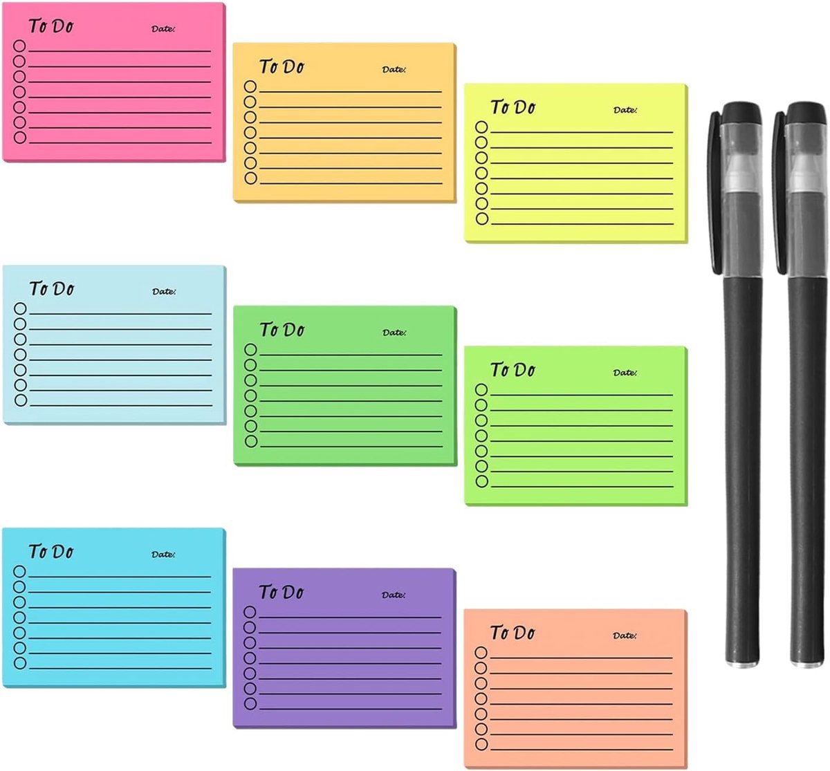 SnelShoppen - 9 Fluorescente Notitieblaadjes en 2 Zwarte Waterpennen, Notitiepapier voor Lijstjes, Studietool voor Studenten en Kantoor, 7x10cm